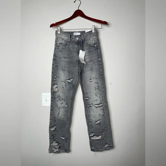 BRAND NEW ZARA Distressed Grey Denim Jeans Size  US 0 UK 32 - Picture 2 of 6